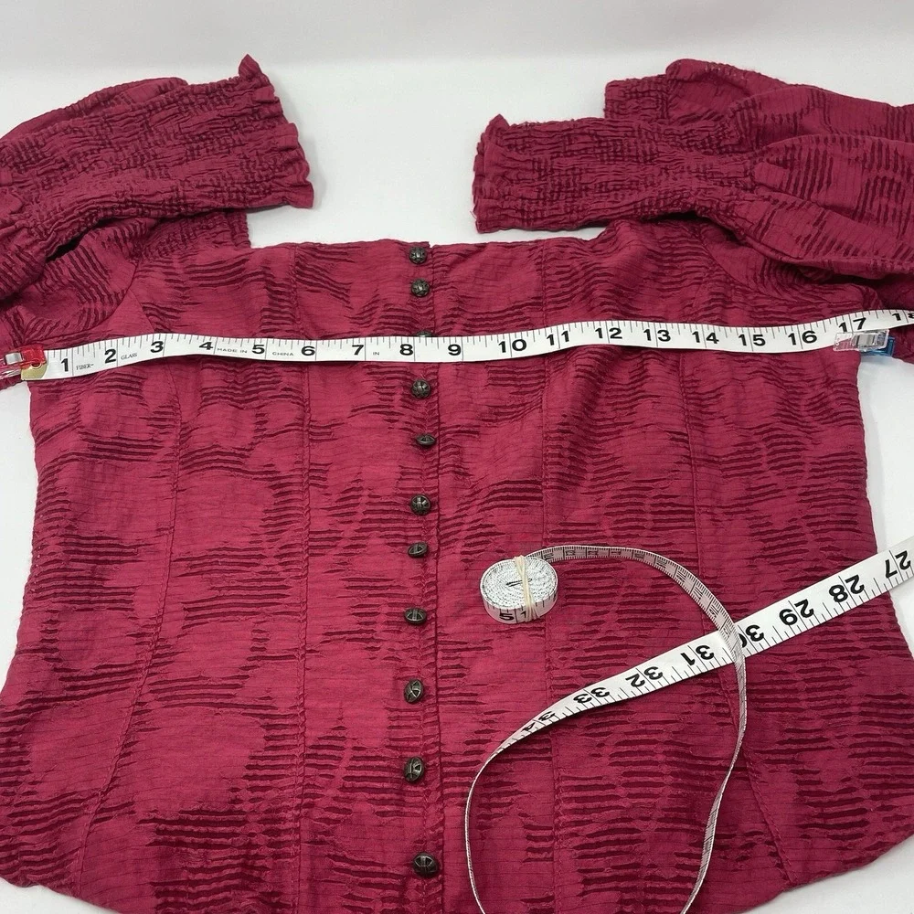 Anthropologie Womens M Shirt Top Sheer Puff Sleeve Smocked Corset Raspberry $120
